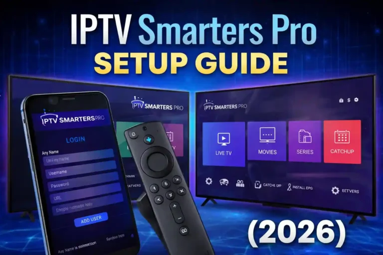 IPTV Smarters Pro setup guide showing login screen and app interface on Firestick and Android devices (2026)